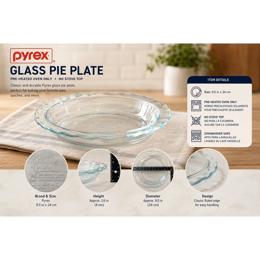 Pyrex‎ Clear Glass 9.5 Inch Scalloped Rim Pie Plate Baking Dish 24cm USA 229